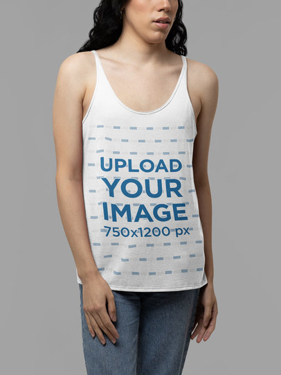 Mockup of a Dark-Haired Woman Wearing a Scoop-Neck Tank Top in a Studio