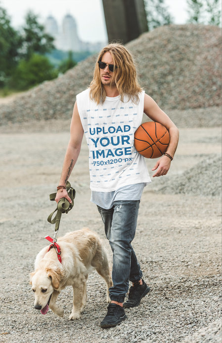 Sleeveless Shirt Mockup Featuring a Serious Long-Haired Man