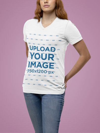 Bella Canvas V-Neck Tee Mockup Featuring a Serious Woman Against a Plain Backdrop