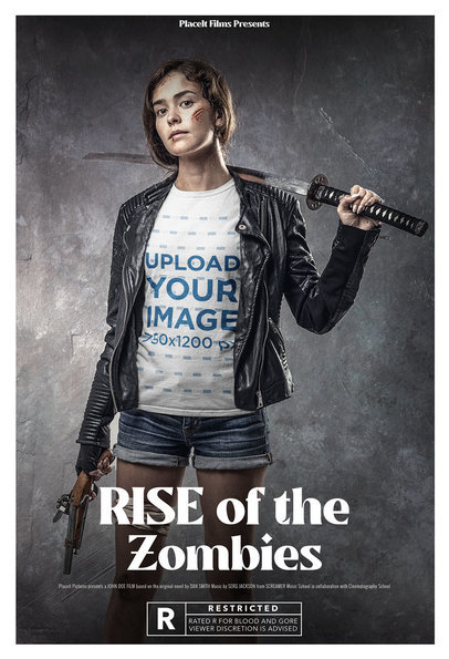 Zombie-Themed T-Shirt Mockup Featuring a Young Woman Holding a Sword and a Gun