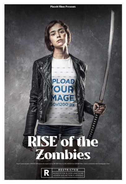 T-Shirt Mockup Featuring a Zombie Apocalypse Survivor With a Katana