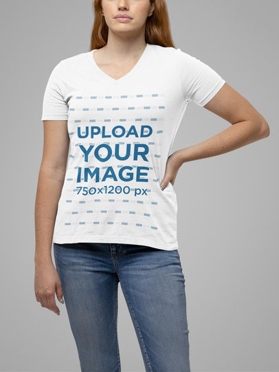Basic Bella Canvas V-Neck Tee Mockup of a Woman with a Casual Outfit
