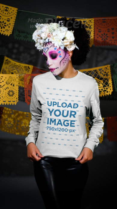 Long Sleeve Tee Video Featuring a Woman Wearing Dia de Muertos Makeup