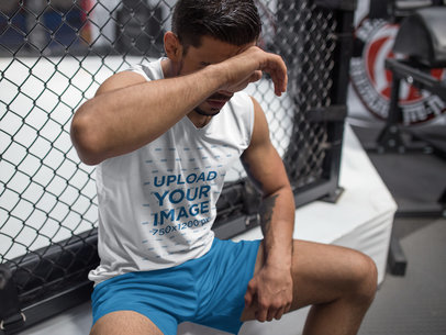 MMA Fighter Sweating After Training at the Gym Wearing Custom Sportswear Mockup a17035