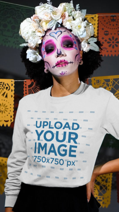 Long Sleeve Tee Video of a Woman Celebrating Dia de Muertos with Catrina Makeup