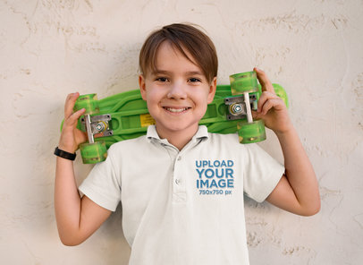 Polo Shirt Mockup of a Happy Boy With a Skateboard