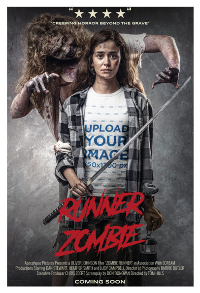 T-Shirt Mockup of a Woman with a Zombie in a Horror Movie Poster Style