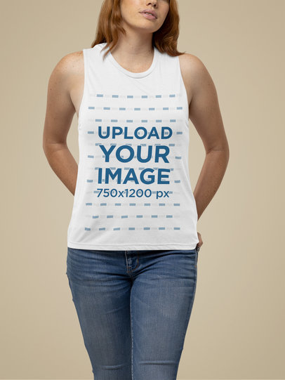 Mockup of a Serious Woman Posing with a Sleeveless Tee from Bella Canvas