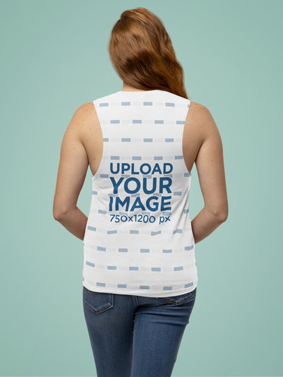 Back-View Mockup of a Woman with Long Hair Wearing a Bella Canvas Sleeveless Tee