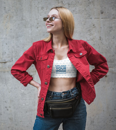 Sports Bra Mockup of a Woman Wearing a Trendy Streetwear Outfit
