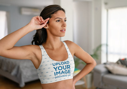 Sublimated Sports Bra Mockup of a Serious Woman at Home
