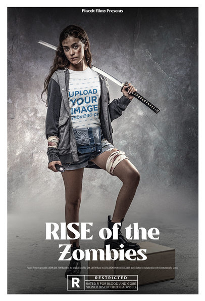 Poster-Style T-Shirt Mockup Featuring a Female Warrior Holding a Katana
