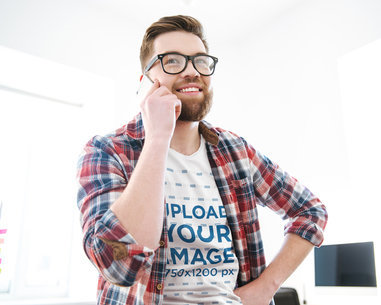 V-Neck Tee Mockup of a Man With Glasses on the Phone 40130-r-el2
