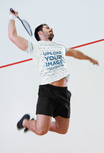 T-Shirt Mockup of a Bold Man Playing Squash 