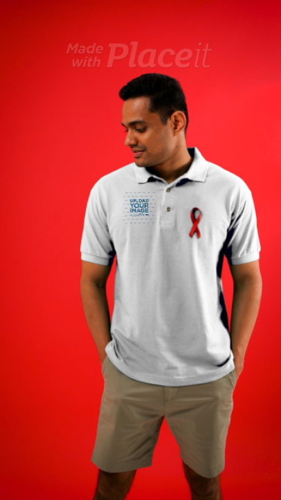 Polo Shirt Video of a Man Wearing an AIDS Awareness Red Ribbon