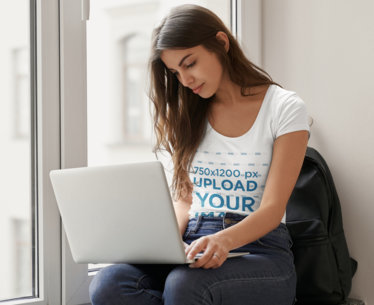 Scoop Neck Tee Mockup of a Woman Working on Her Computer