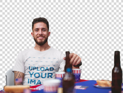 Transparent Happy Man Wearing a Tshirt Mockup at a 4th of July BBQ Party
