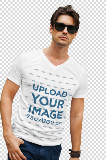 Transparent Mockup Featuring a Stylish Man Wearing a V-Neck T-Shirt 513-el