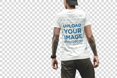 Transparent Back View Mockup of a Man Wearing a T-Shirt by a Truck 