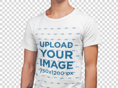 Transparent Mockup of a Cropped Face Man Wearing a Round Neck Tshirt in a Studio