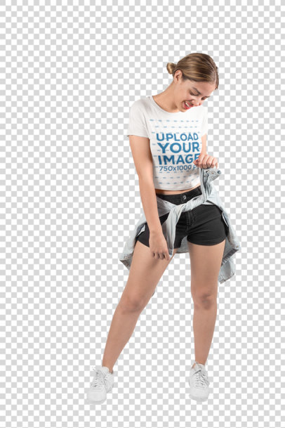 Transparent Woman Having Fun at the Studio Wearing a Crop Top T-Shirt Mockup