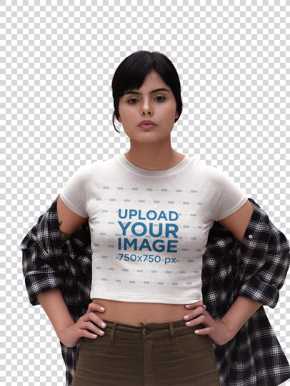 Transparent Latina Woman Wearing a T-Shirt Mockup and a Plaid Shirt on the Street