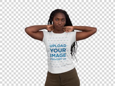 Transparent Woman Wearing a T-Shirt Mockup While Playing with her Hair Standing Against a Closed Shop