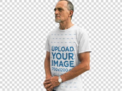 Transparent White Senior Man Wearing a T-Shirt in an Urban Space