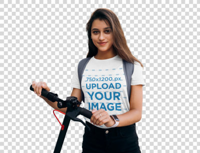 Transparent T-Shirt Mockup Featuring a Long-Haired Young Woman With a Scooter 