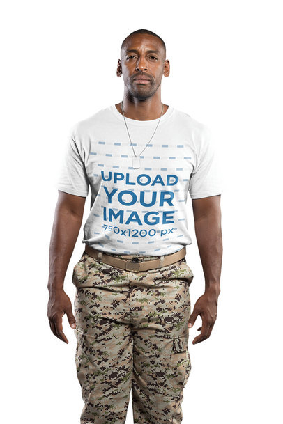Transparent T-Shirt Mockup of a Veteran Soldier Wearing a Round-Neck T-Shirt a20930