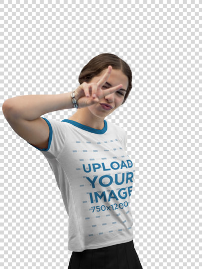 Transparent Woman Wearing a Ringer Tshirt Mockup at a Court While Doing a Peace and Love Sign