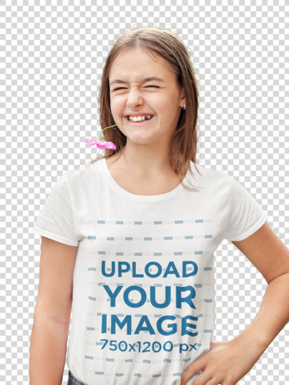 Transparent T-Shirt Mockup of a Teen Girl Playing with a Flower 45043-r-el2