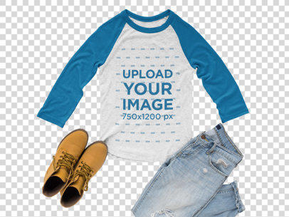Transparent Raglan Tee Mockup with Casual Outfit on White Surface a17956