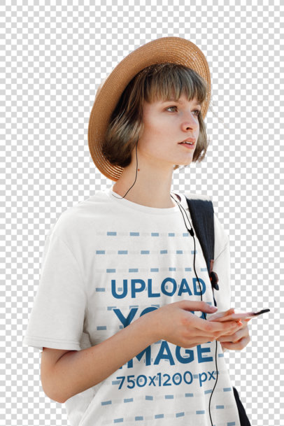 Transparent T-Shirt Mockup of a Woman Finding Her Way in a City
