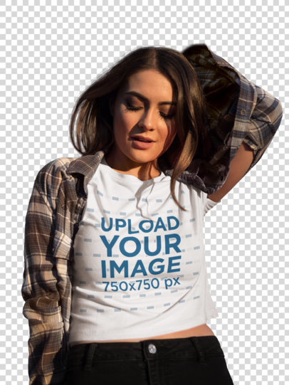 Transparent Beautiful Woman Wearing a T-Shirt Template and a Plaid Shirt Outdoors
