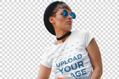 Transparent Mockup of a Stylish Woman Wearing a Customizable Crewneck Tee in the City 34133-r-el2