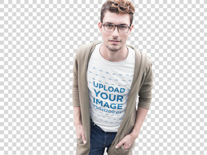 Transparent Young Hipster Wearing a Tee and Glasses in the Street Mockup
