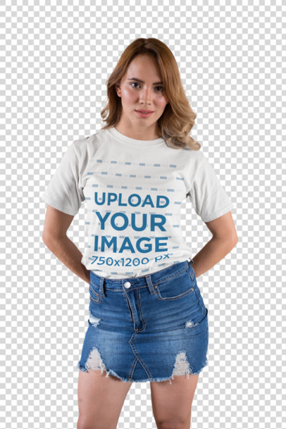 Transparent T-Shirt Mockup of a Woman Wearing a Denim Skirt 