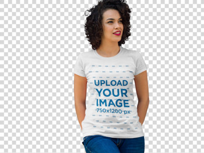 Transparent Woman Leaning Against a Blue Metal Door T-Shirt Mockup