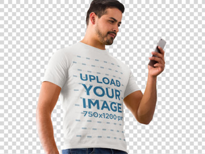 transparent t-shirt mockup of a bearded man using his smartphone a8440
