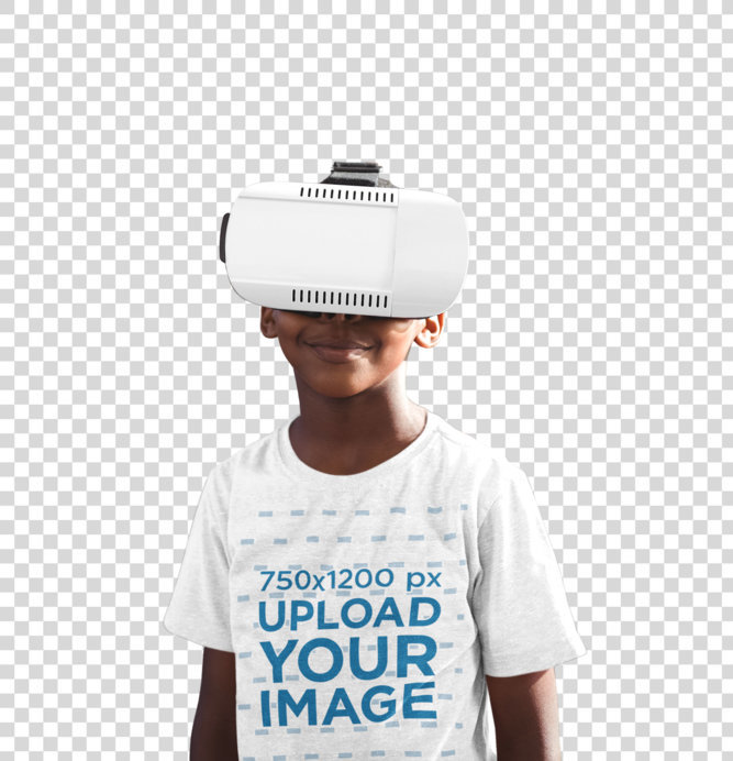 Transparent T-Shirt Mockup Featuring a Kid Using a VR Headset 
