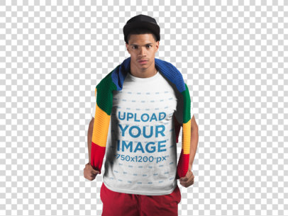 Transparent T-Shirt Mockup of a Young Man with Multicolor Garments 21074