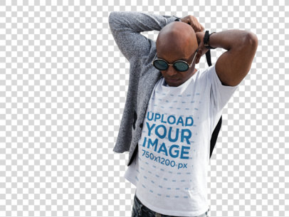 transparent mockup of a man wearing a round neck t-shirt and steampunk sunglasses a14236