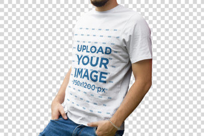 Transparent T-Shirt Mockup of a Man Leaning on a Wall with Graffiti
