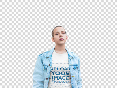 Transparent Mockup of a Woman with Short Hair Wearing a T-Shirt and a Denim Jacket
