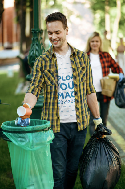 V-Neck Tee Mockup Featuring a Joyful Man Carrying a Garbage Bag m14084-r-el2