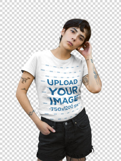 Transparent Mockup of a Short-Haired Woman with Tattoos Wearing a T-Shirt
