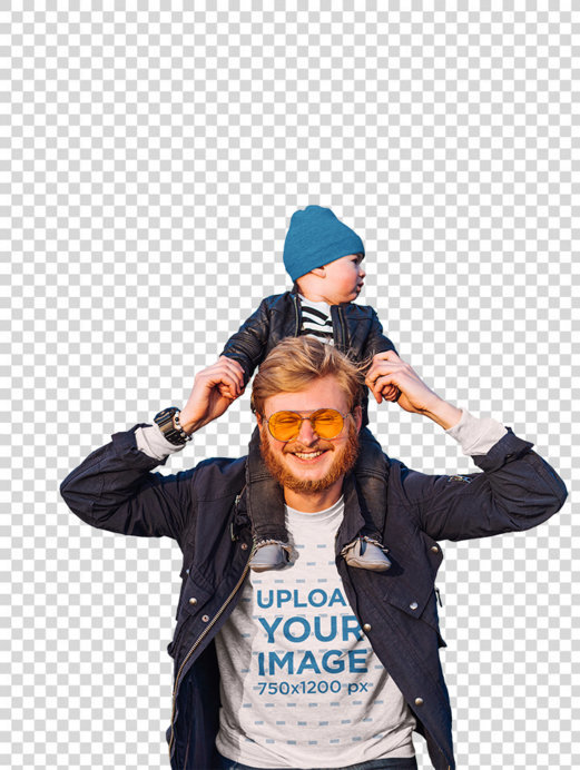 Transparent T-Shirt Mockup Featuring a Smiling Dad Carrying His Baby on His Shoulders