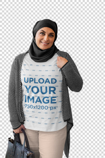 Transparent T-Shirt Mockup of a Woman with a Hijab Holding Her Purse 28283
