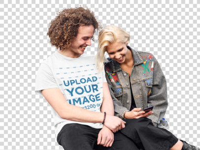 Transparent T-Shirt Mockup of a Curly-Haired Man with His Girlfriend